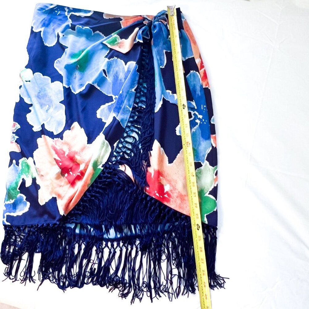 Lauren Ralph Lauren Navy Blue Floral Fringe Faux-Wrap Skirt Tropical Crepe Midi - Picture 10 of 12